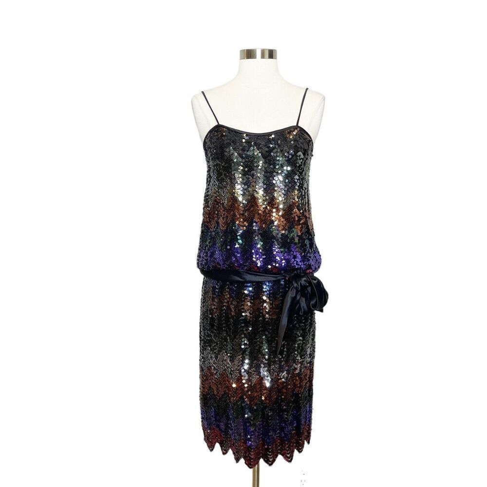 Vintage 80s Size XS/S Norman Berg For Denise Fashions Sequin Dress Rainbow Black